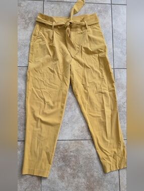 High-Waist Tie Belt Women's Pants - Mustard Yellow